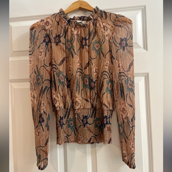 Joie Tan and gold, floral, designer, high neck, long sleeve blouse - Picture 1 of 6
